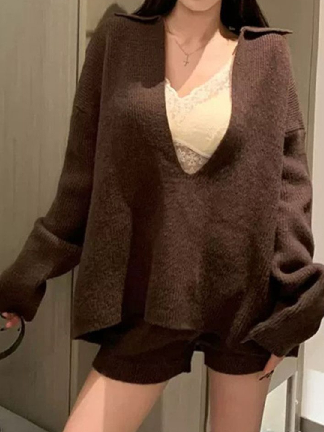

LULU & SKY Shirt Collar Long Sleeves Jumper With Straight Shorts, Brown
