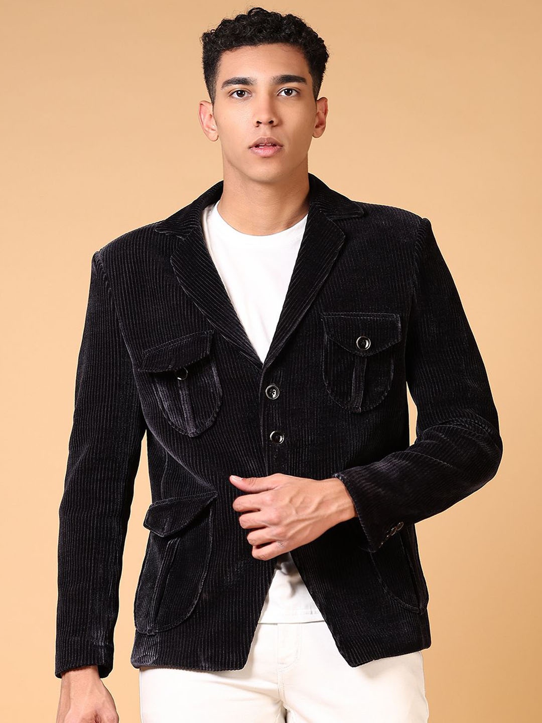 

V-Mart Self Design Notched Lapel Single-Breasted Casual Blazers, Grey