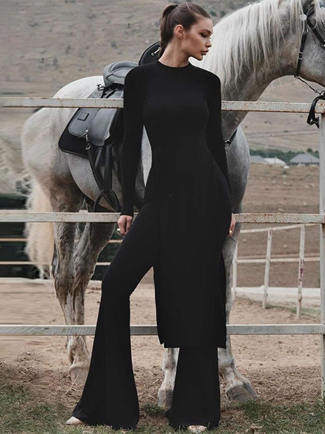 

LULU & SKY Round Neck Long Sleeves Long Top With Flared Trousers, Black