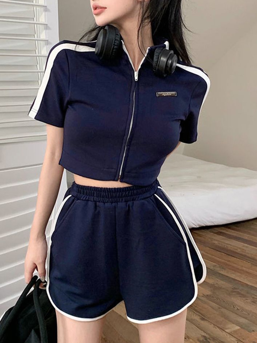 

LULU & SKY High Neck Contrast Stripe Top With Shorts, Navy blue