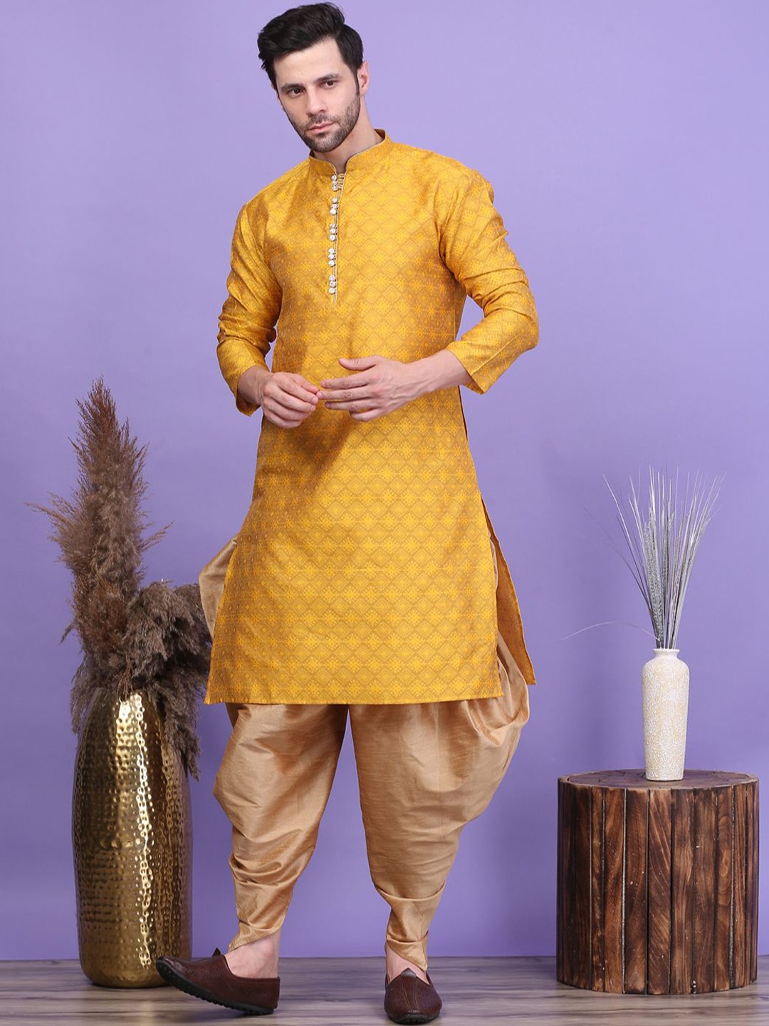 

Larwa Geometric Woven Design Mandarin Collar Jacquard Straight Kurta With Dhoti Pants, Yellow