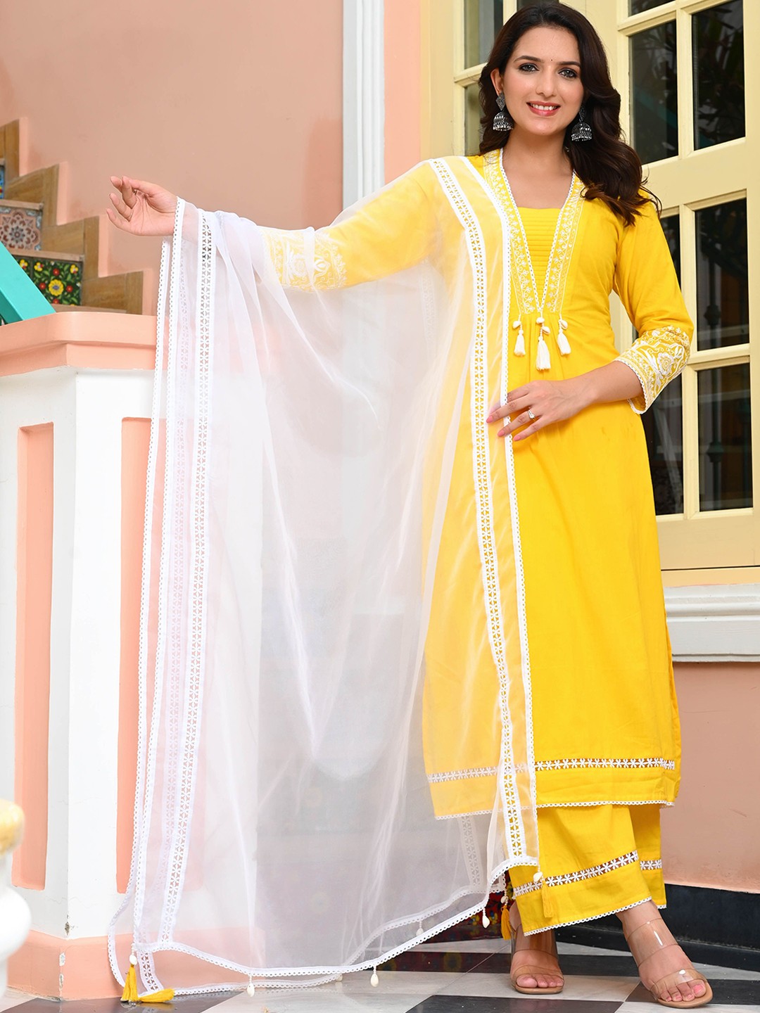 

FrionKandy Floral Embroidered Pure Cotton Kurta with Palazzos & Dupatta, Yellow