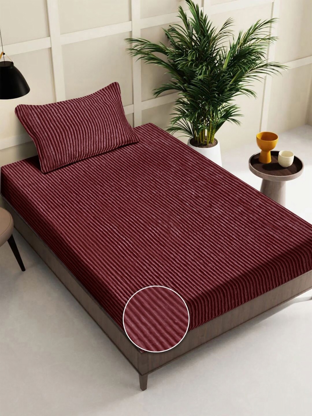 

FABINALIV Maroon Striped 300 TC Single Bedsheet Set 2.20 m x 1.50 m