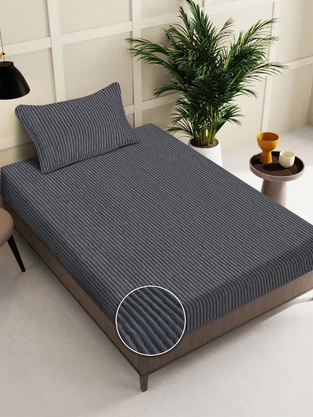 

FABINALIV Grey Striped Wool 300 TC Single Bedsheet Set 2.20 m x 1.50 m