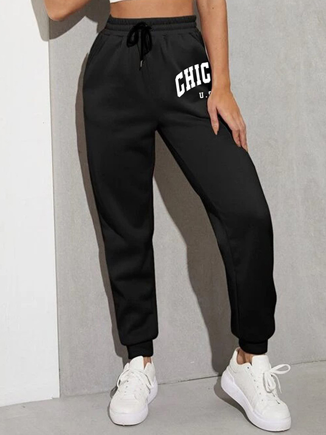 

SAAHASAM Women Printed Relaxed Joggers Trousers, Black