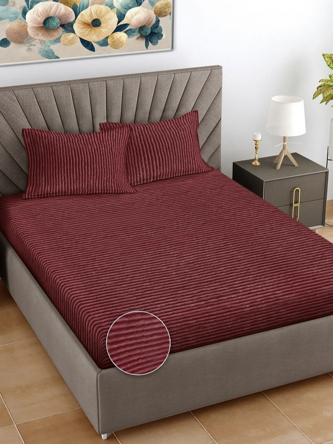 

FABINALIV Maroon Striped Woollen 300 TC King Bedsheet Set 2.5 m x 2.25 m