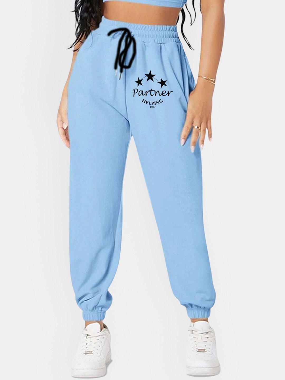 

SAAHASAM Women Printed Relaxed Joggers Trousers, Blue