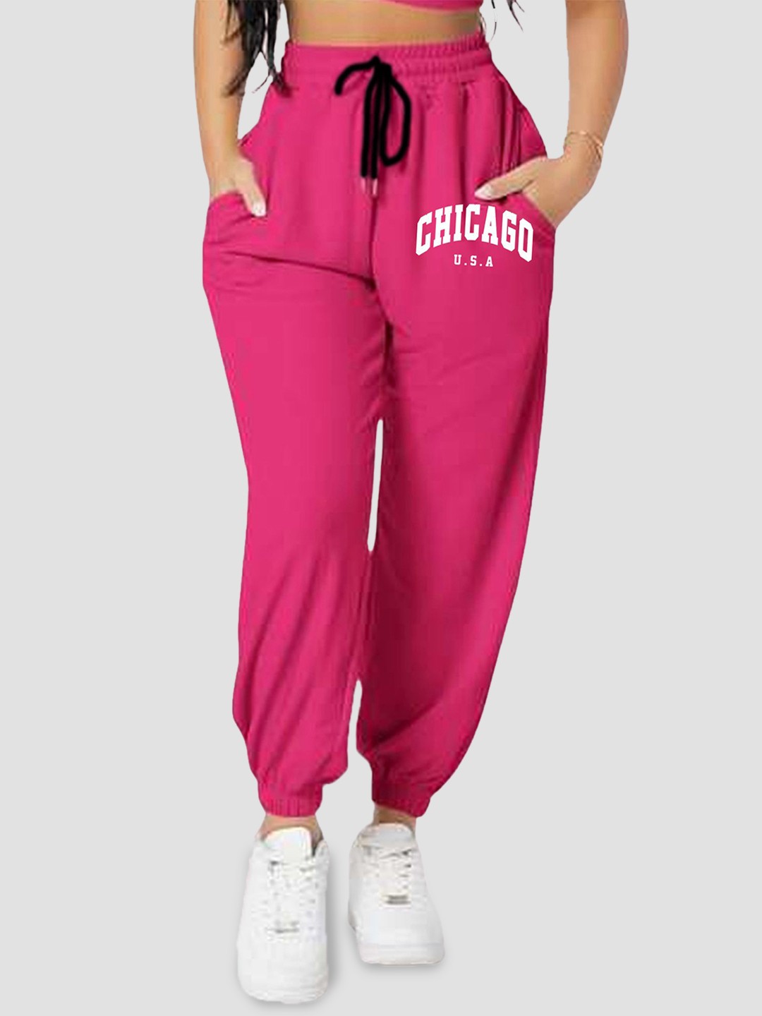 

SAAHASAM Women Typography Printed Relaxed Mid-Rise Slim Fit Joggers, Pink