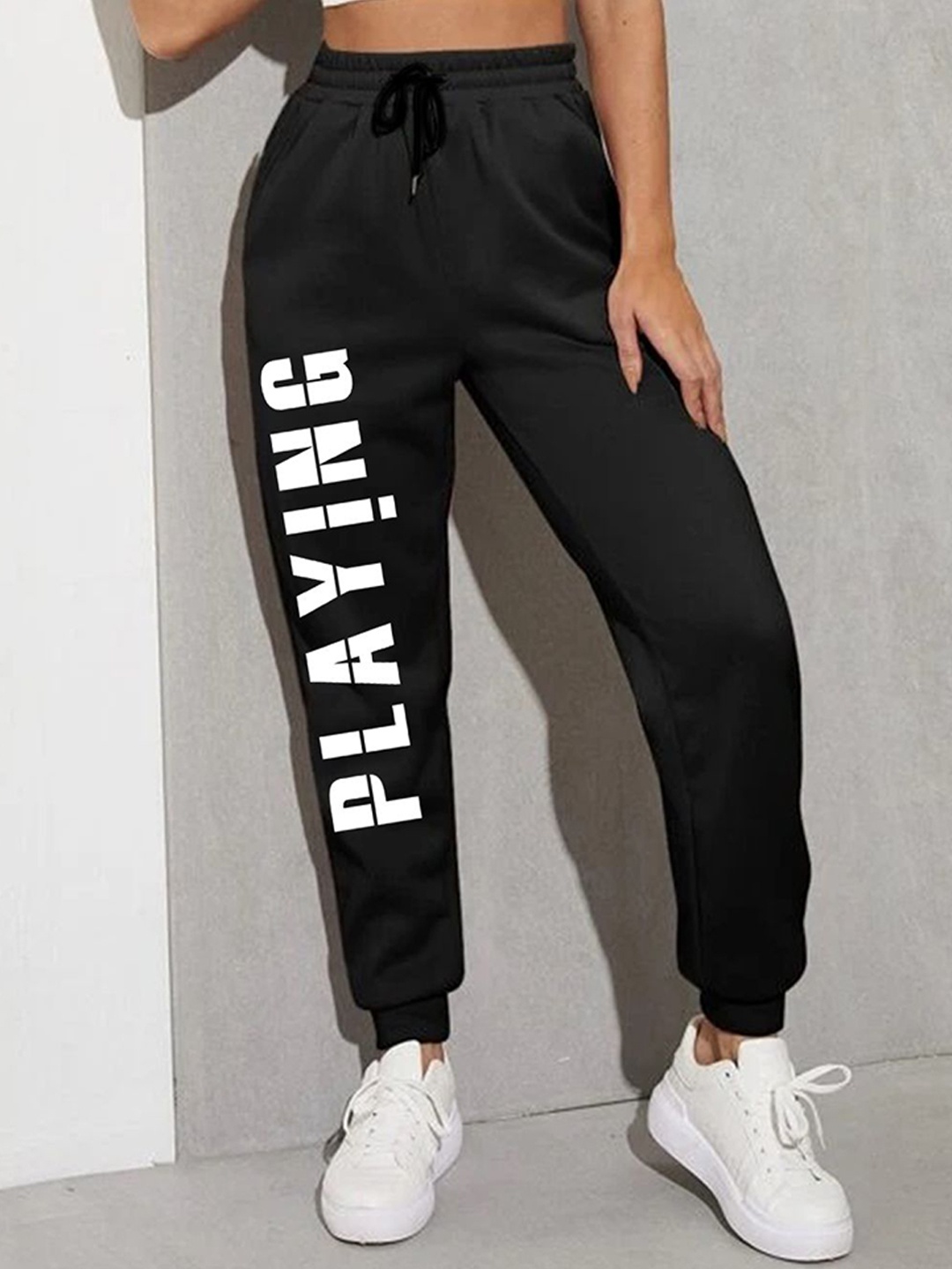 

SAAHASAM Women Printed Relaxed Joggers Trousers, Black