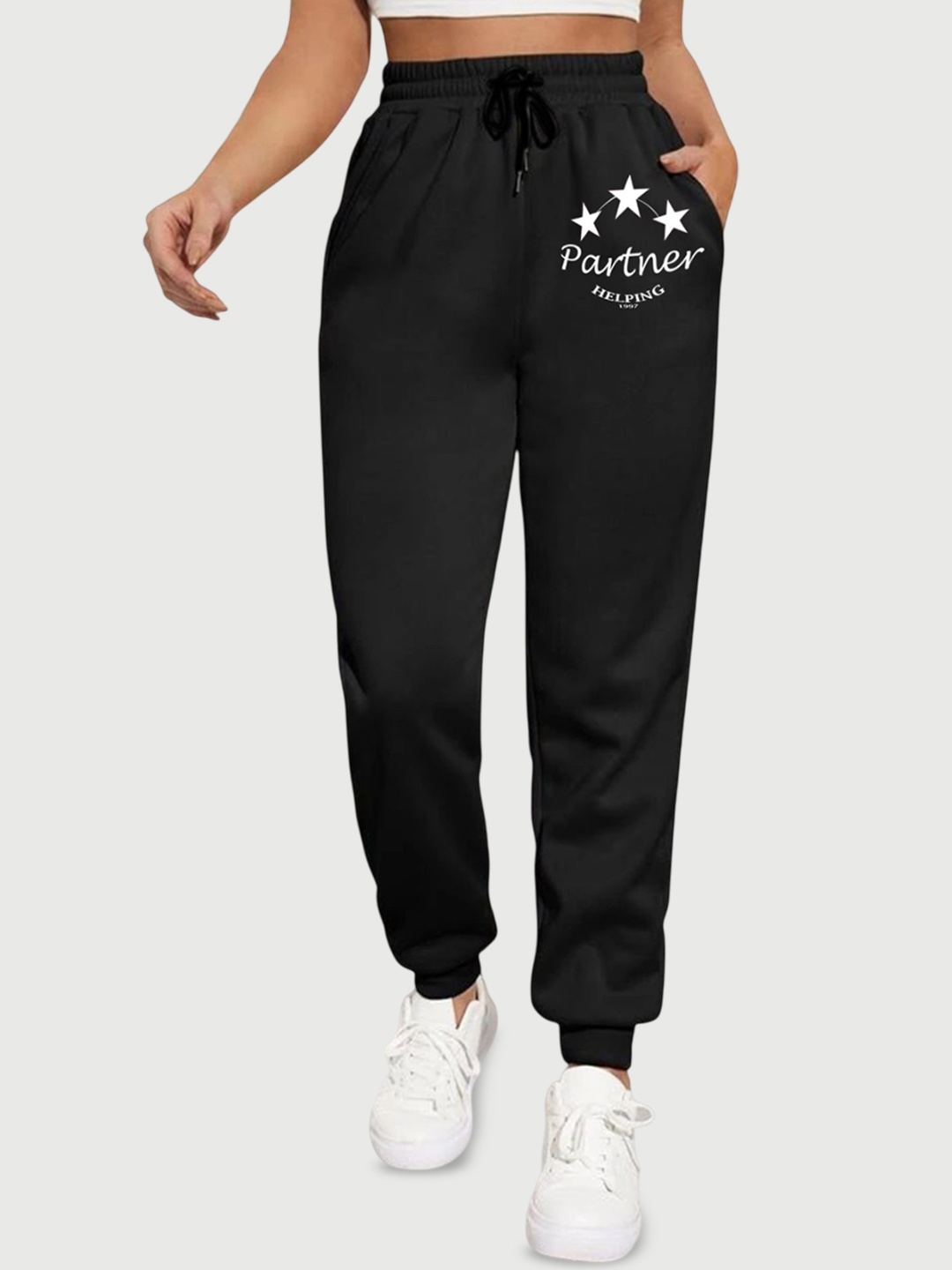 

SAAHASAM Women Printed Relaxed Joggers Trousers, Black