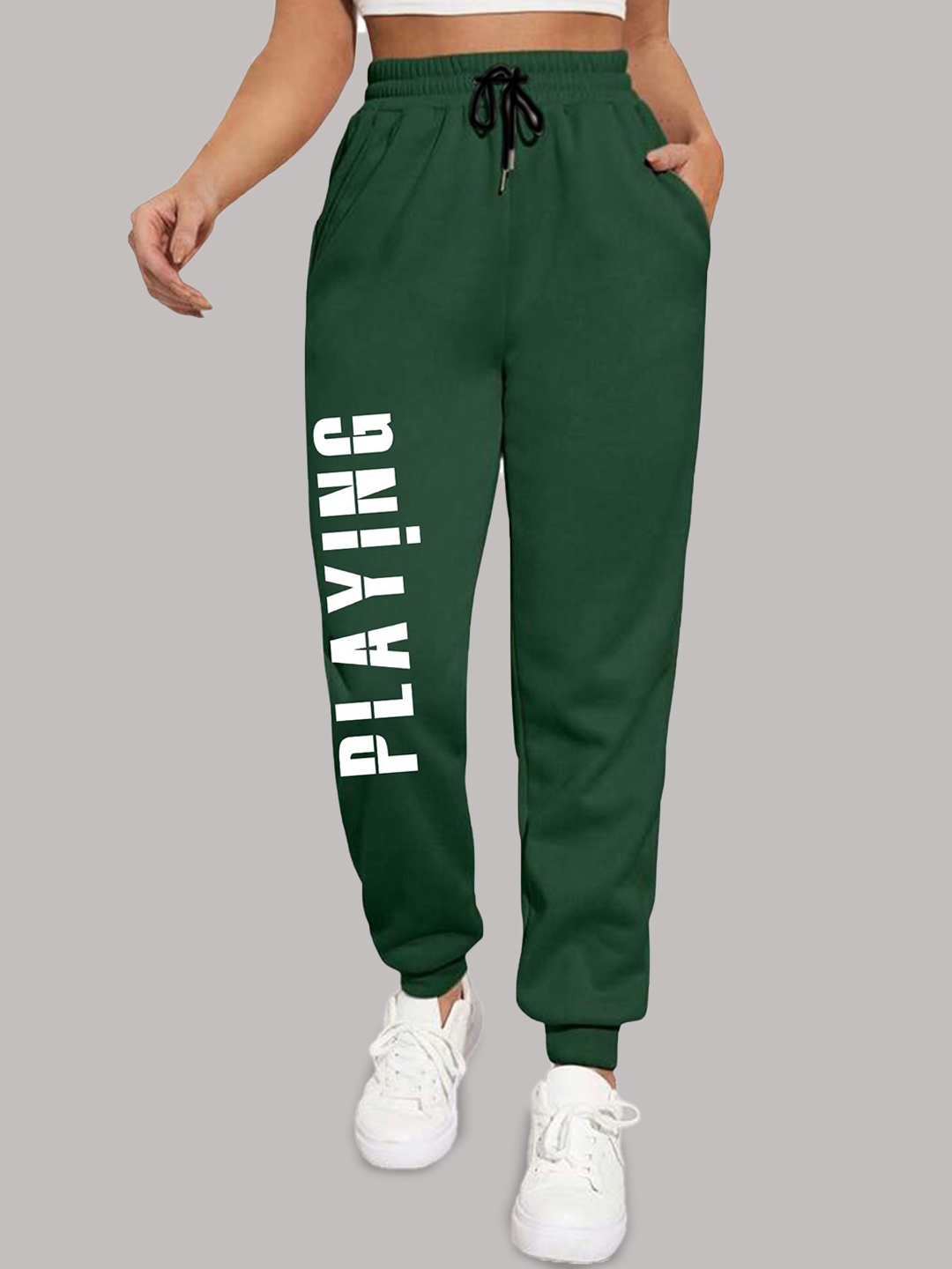 

SAAHASAM Women Printed Relaxed Joggers Trousers, Green