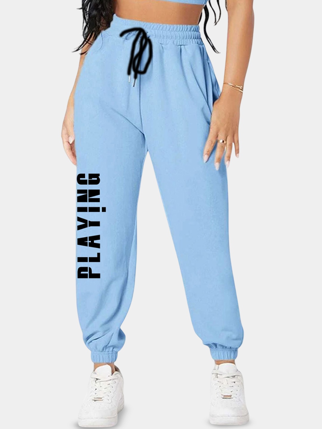 

SAAHASAM Women Printed Relaxed Joggers Trousers, Blue