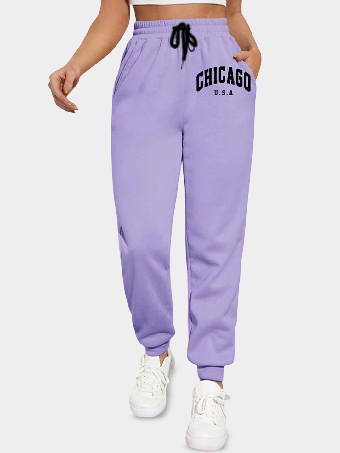 

SAAHASAM Women Typography Printed Relaxed Mid-Rise Slim Fit Joggers, Purple