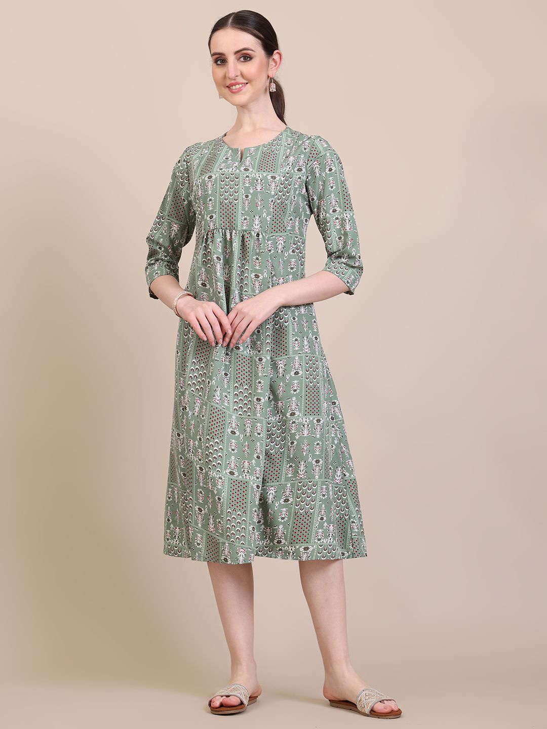 

KALINI Women Floral Printed A-Line Maternity Midi Dress, Green