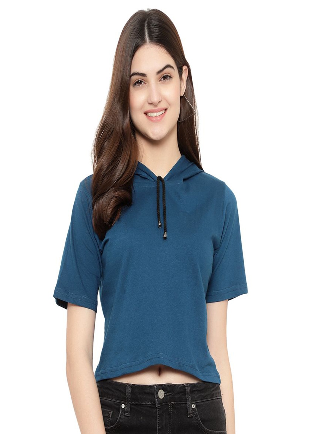 

DEEPMAYRA COLLECTION Women Solid Hooded Cotton T-shirt, Blue