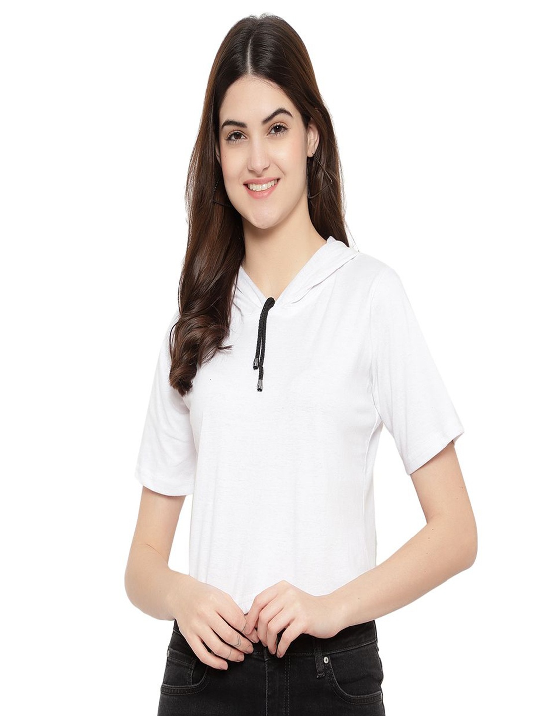 

DEEPMAYRA COLLECTION Women Solid Hooded Cotton T-shirt, White
