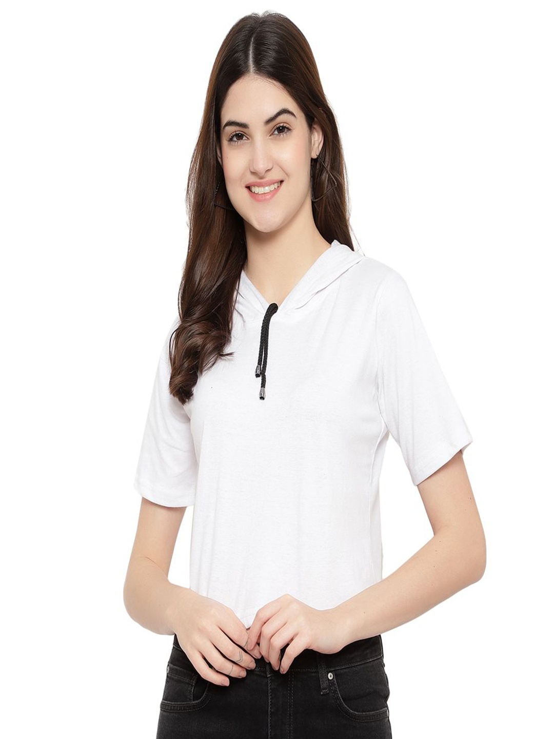 

DEEPMAYRA COLLECTION Women Solid Hooded Cotton T-shirt, White