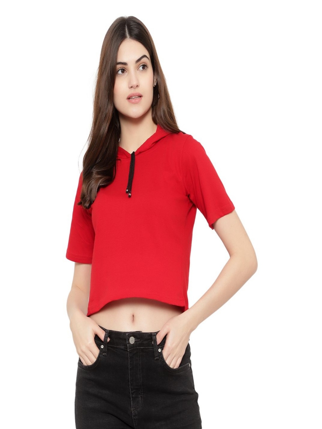

DEEPMAYRA COLLECTION Women Solid Hooded Cotton T-shirt, Red