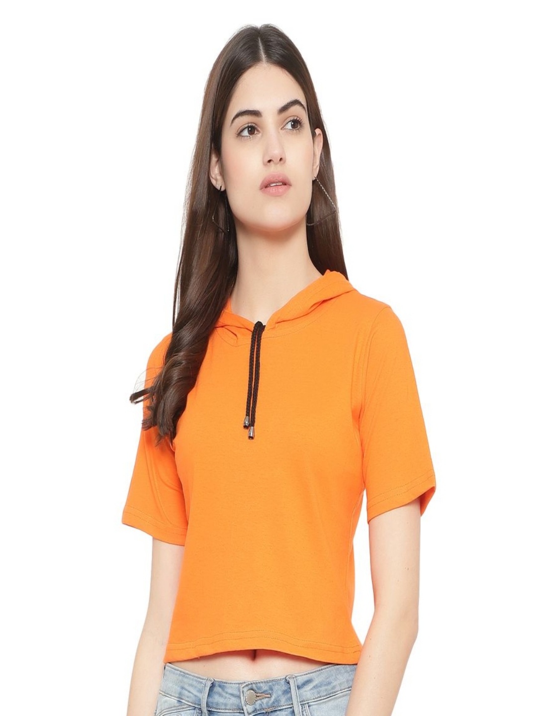 

DEEPMAYRA COLLECTION Women Solid Hooded Cotton T-shirt, Orange