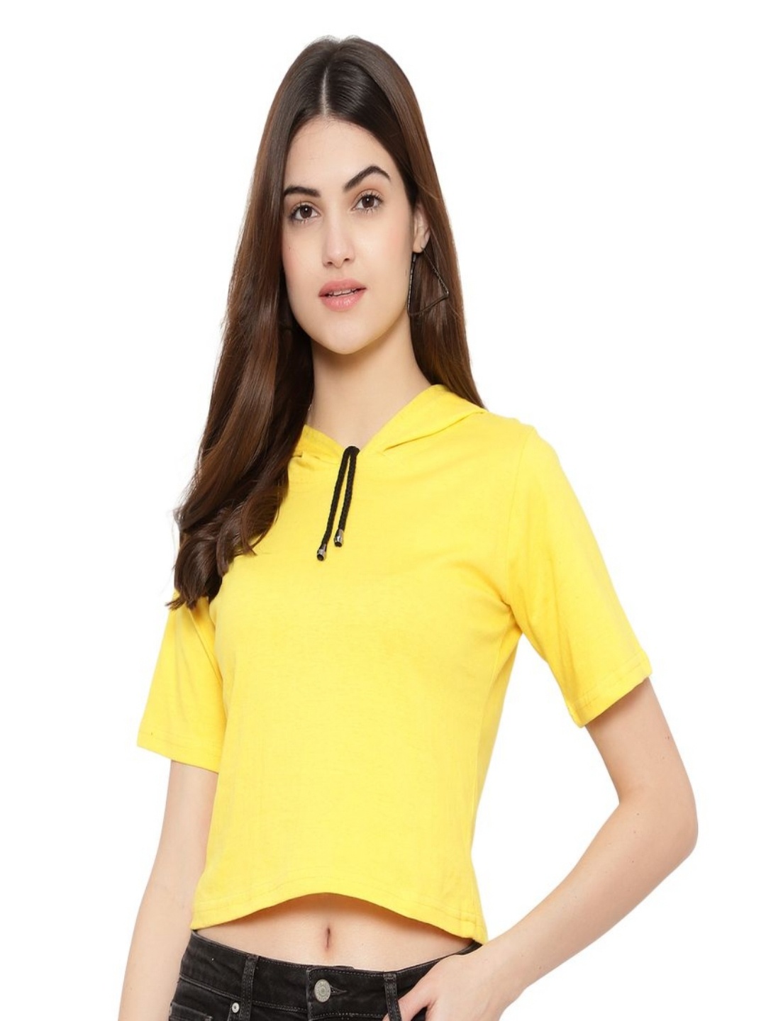 

DEEPMAYRA COLLECTION Women Solid Hooded Cotton T-shirt, Yellow