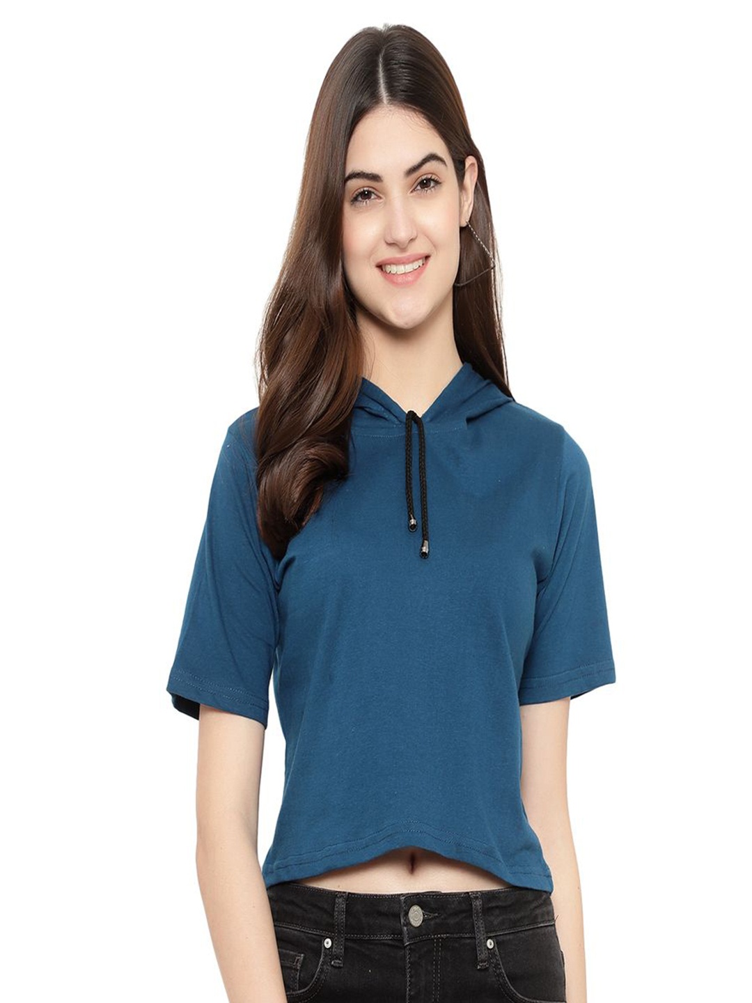 

DEEPMAYRA COLLECTION Women Solid Hooded Cotton T-shirt, Blue