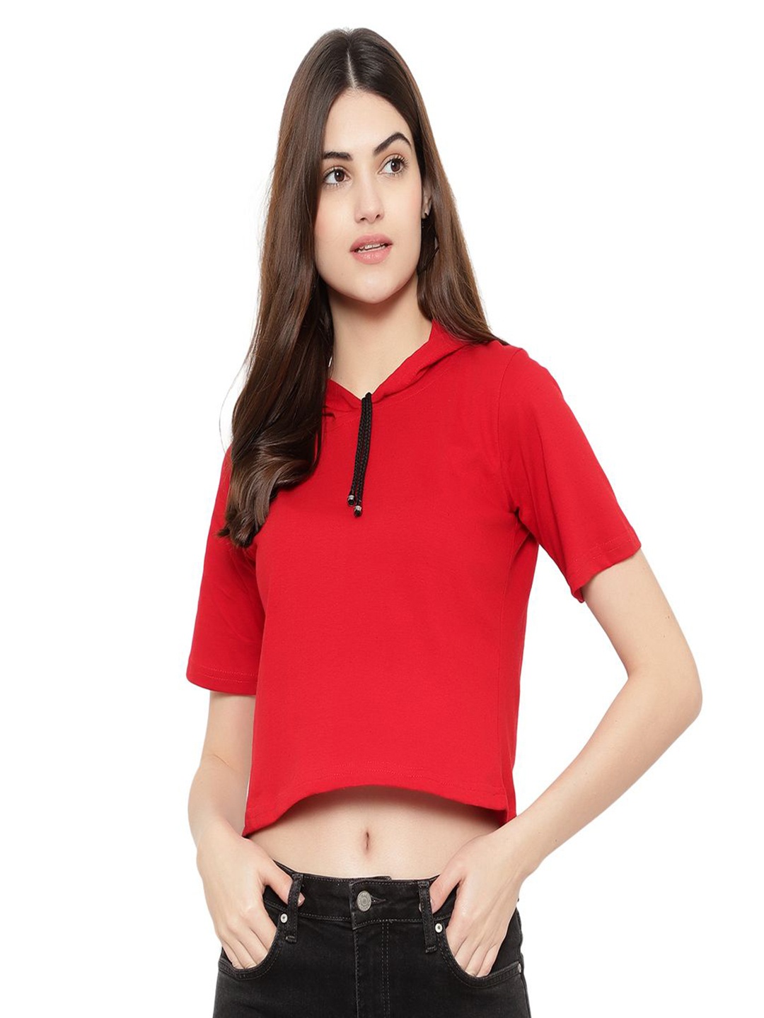 

DEEPMAYRA COLLECTION Women Solid Hooded Cotton T-shirt, Red