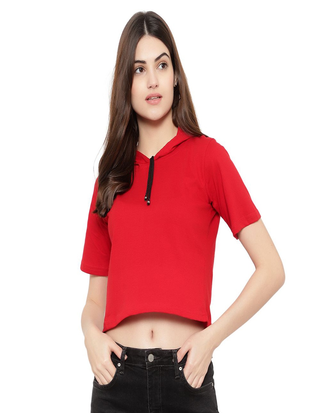 

DEEPMAYRA COLLECTION Women Solid Hooded Cotton T-shirt, Red