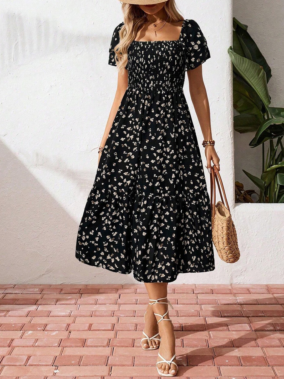 

StyleCast x Revolte Women Floral Printed Smocked A-Line Midi Dress, Black