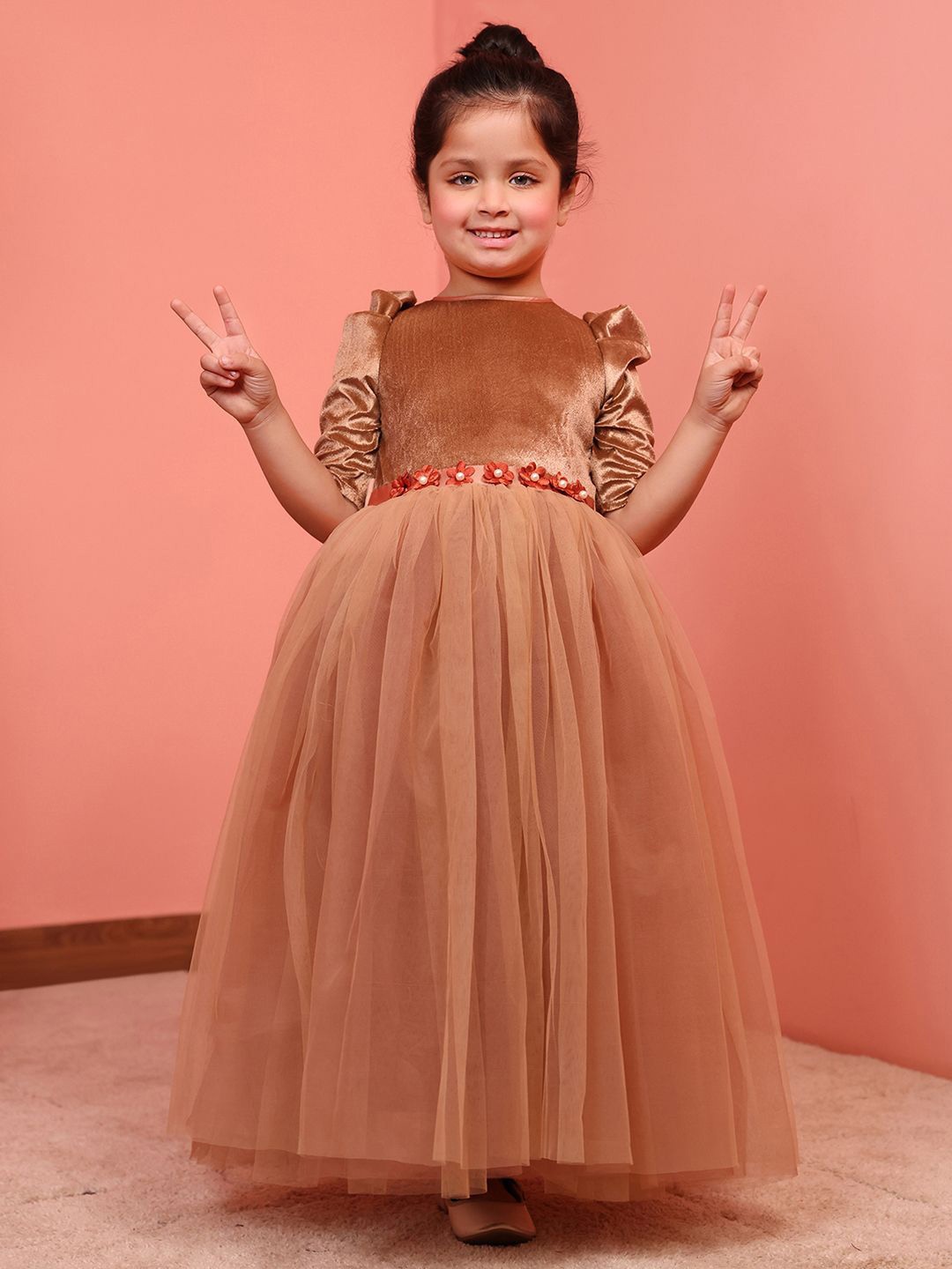 

Toy Balloon kids Girls Puff Sleeve Fit & Flare Maxi Dress, Coffee brown