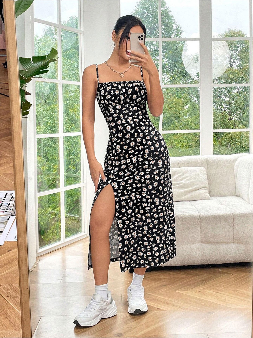 

StyleCast x Revolte Women Floral Printed Side Slits Bodycon Midi Dress, Black