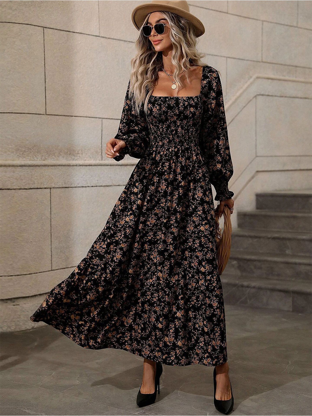 

StyleCast x Revolte Women Floral Printed Smocked Puff Sleeves Fit and Flare Maxi Dress, Black