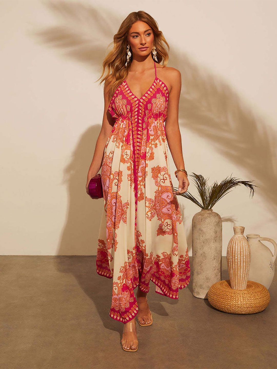 

StyleCast x Revolte Women Ethnic Motifs Printed A-Line Midi Dress, Red