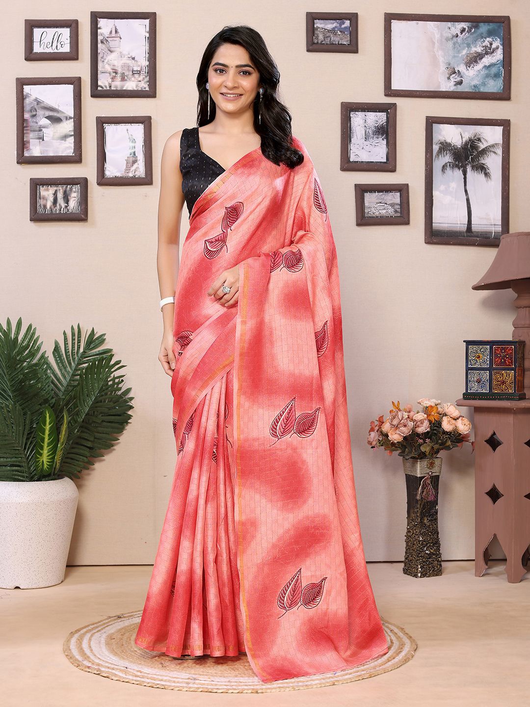 

Mitera Checked Zari Ready to Wear Saree, Peach