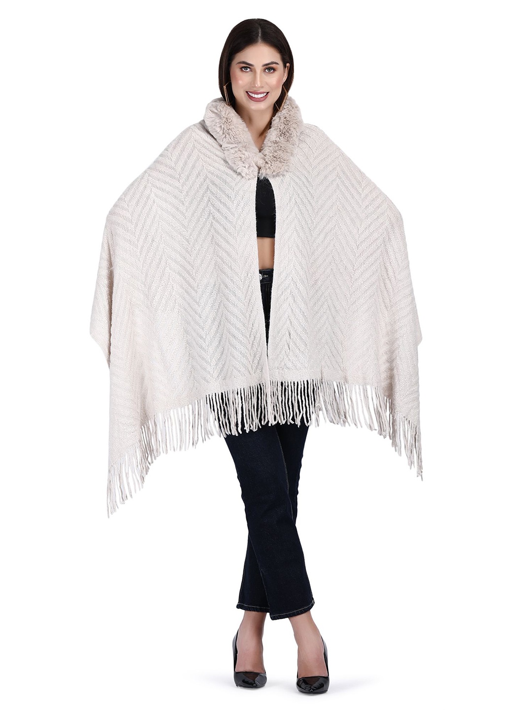 

Stole & Yarn Women Self Design Chevron Fur Collar Poncho, Beige