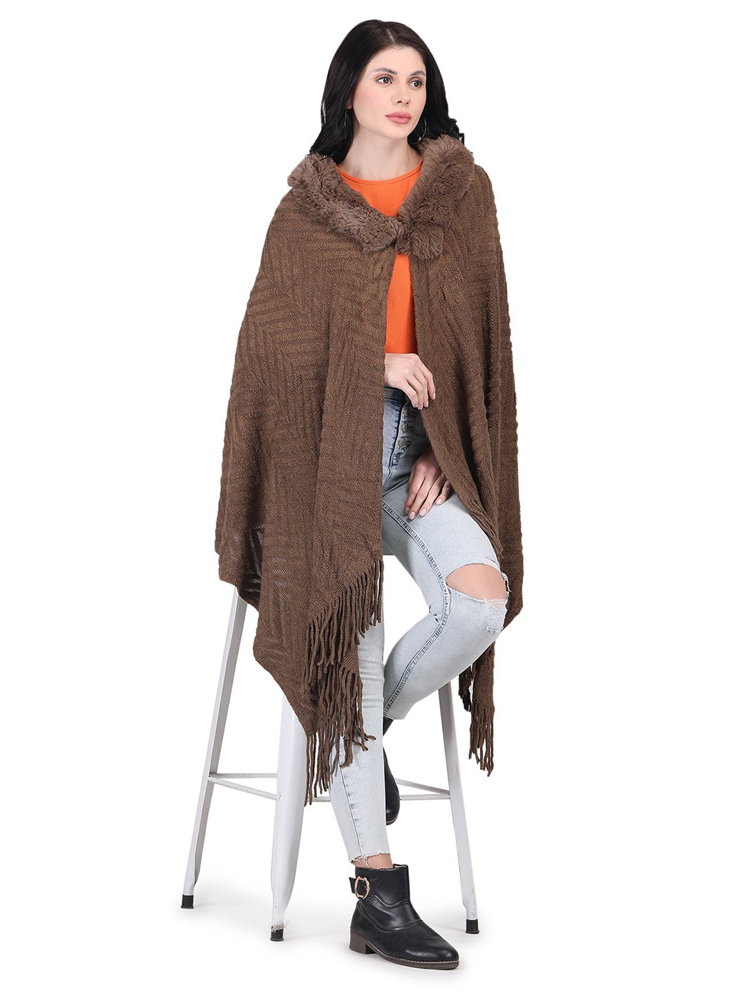 

Stole & Yarn Women Chevron Fur Collar Longline Poncho, Brown