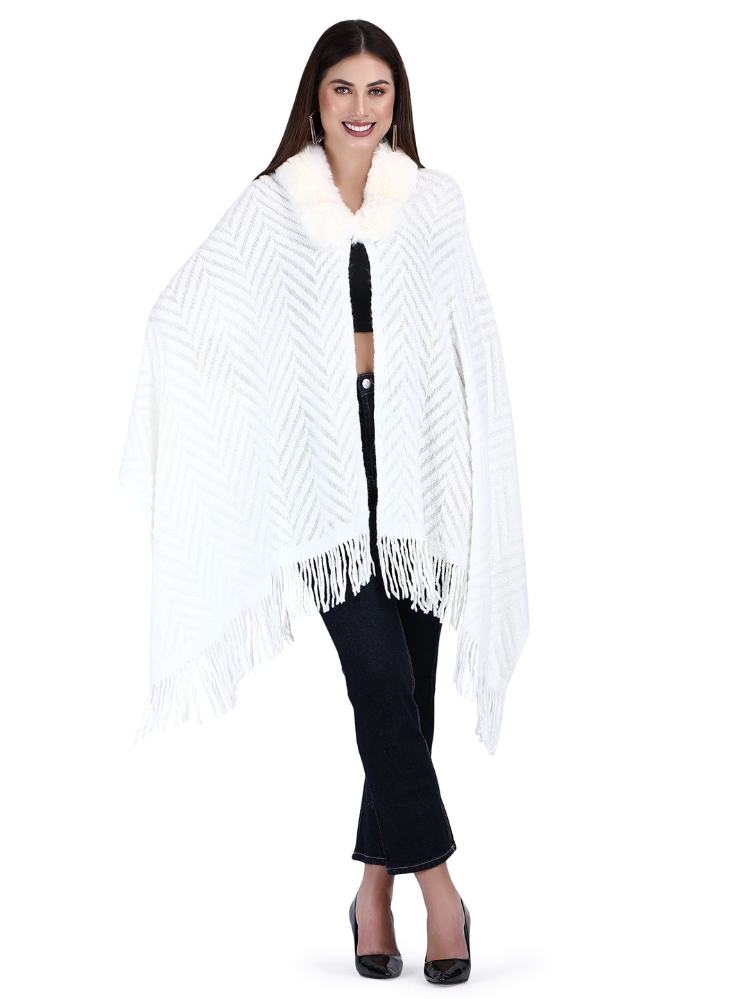 

Stole & Yarn Women Cable Knit Longline Chevron Fur Collar Poncho, White