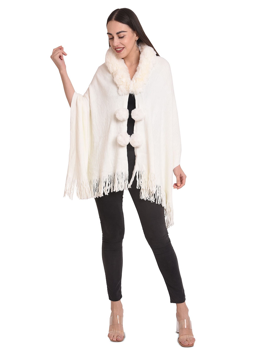 

Stole & Yarn Women Fur Collar & Pom Pom Poncho (Free Size), White