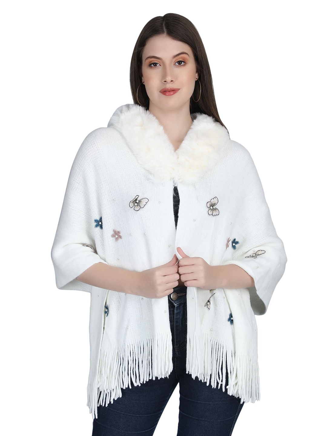 

Stole & Yarn Women Butterfly Fur Collar Poncho - 140, White