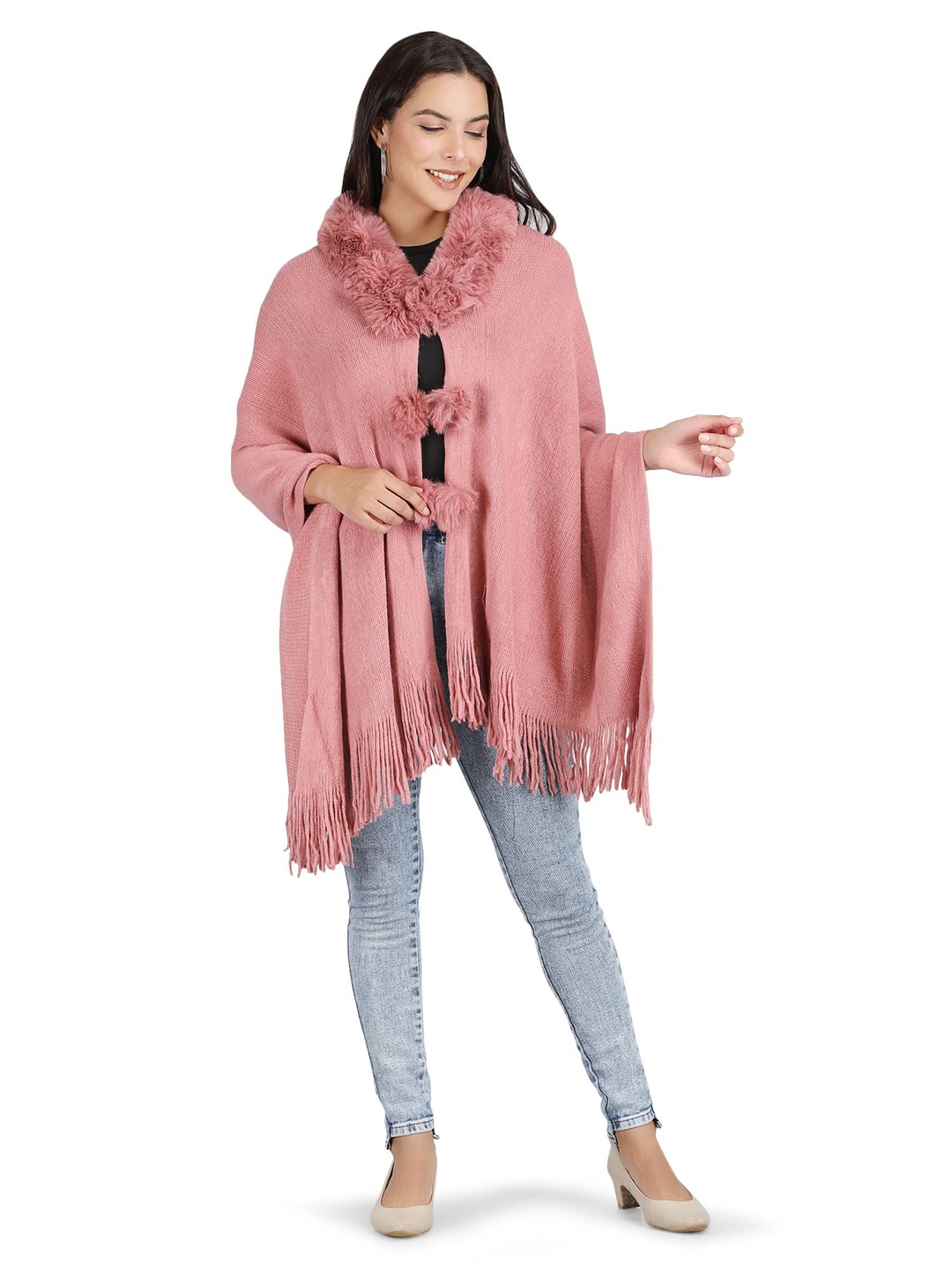 

Stole & Yarn Fur Collar & Pom Pom Poncho, Pink