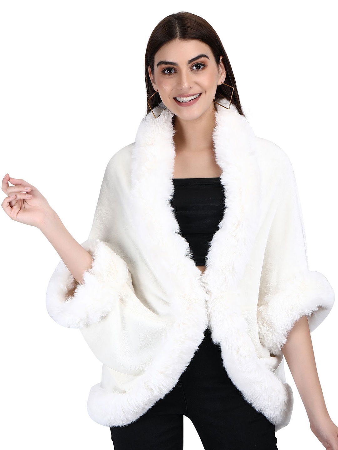 

Stole & Yarn Women Faux Fur Jacket style Poncho 114, White