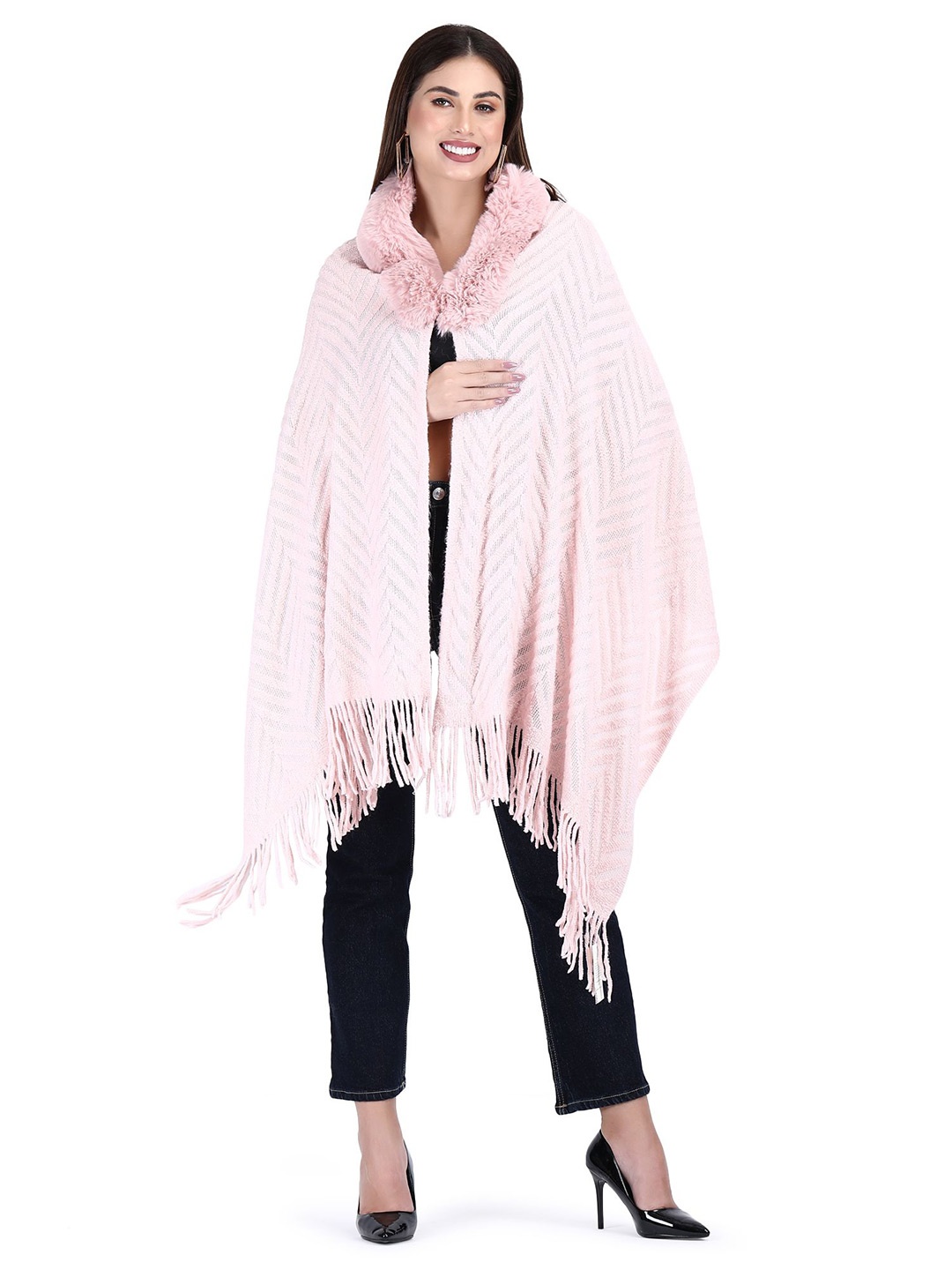 

Stole & Yarn Women Chevron Fur Collar Poncho, Pink