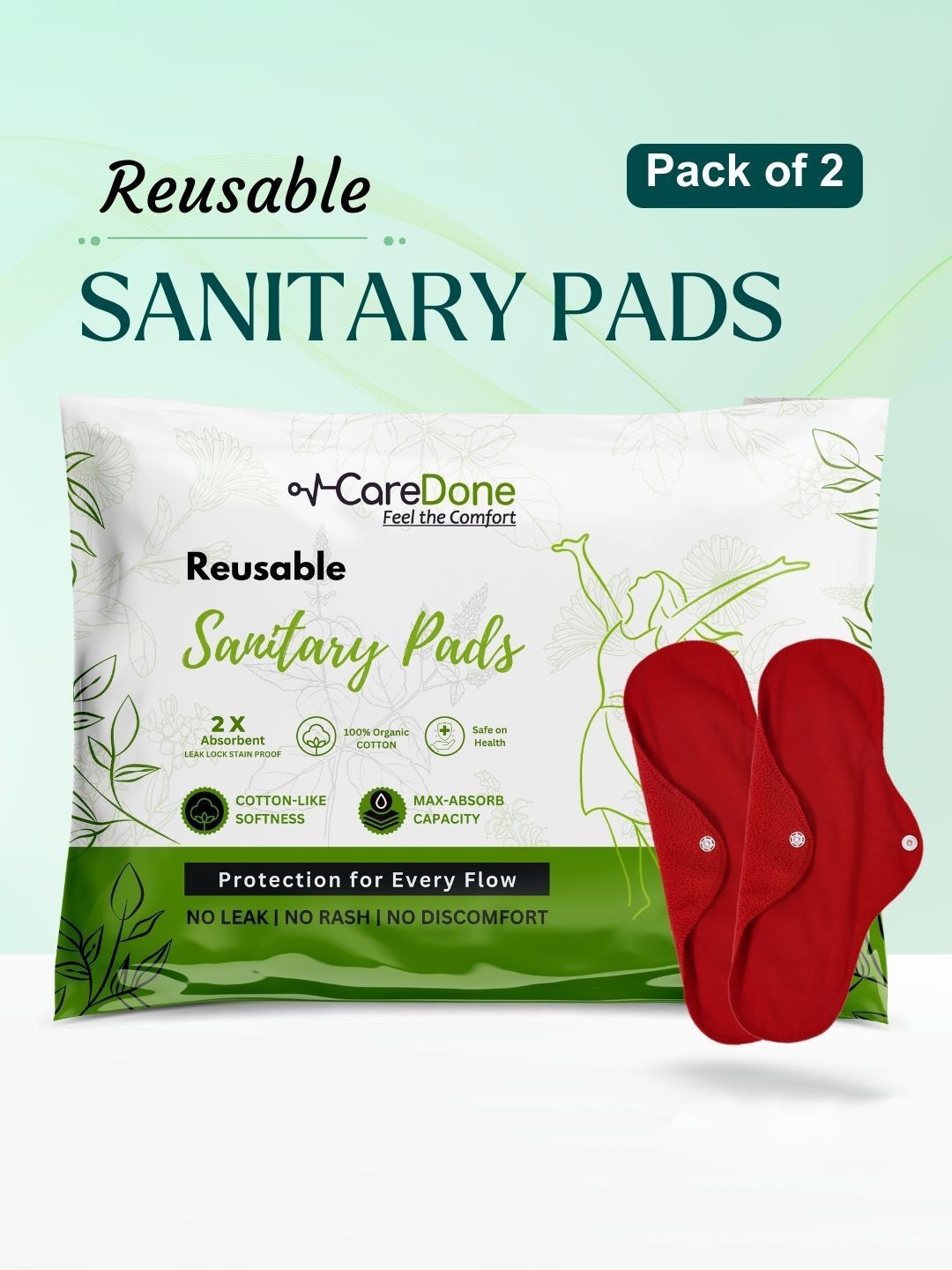 

CareDone Set Of 2 Washable & Reusable Comfty Extra Large Cotton Sanitary Cloth Pad - XL, Red