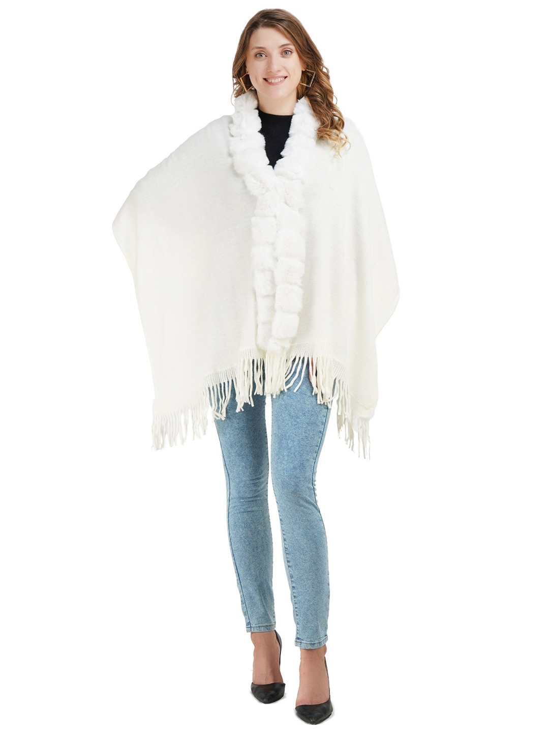 

Stole & Yarn Women Fur Collar Poncho, White