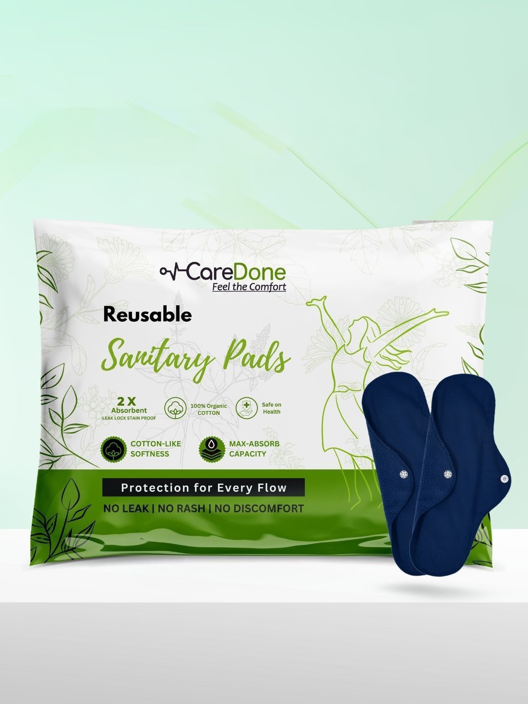 

CareDone Set Of 2 Washable And Reusable Super Absorbent Cotton Sanitary Cloth Pad- XL, Navy blue
