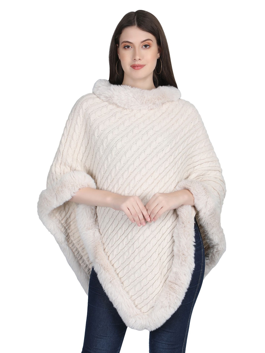 

Stole & Yarn Off-White Knitted Fur Collar Poncho, Cream