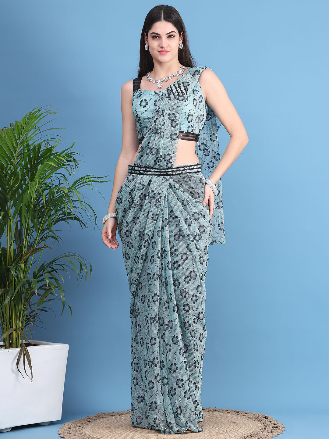 

Mitera Floral Printed Ready to Wear Leheriya Saree, Blue