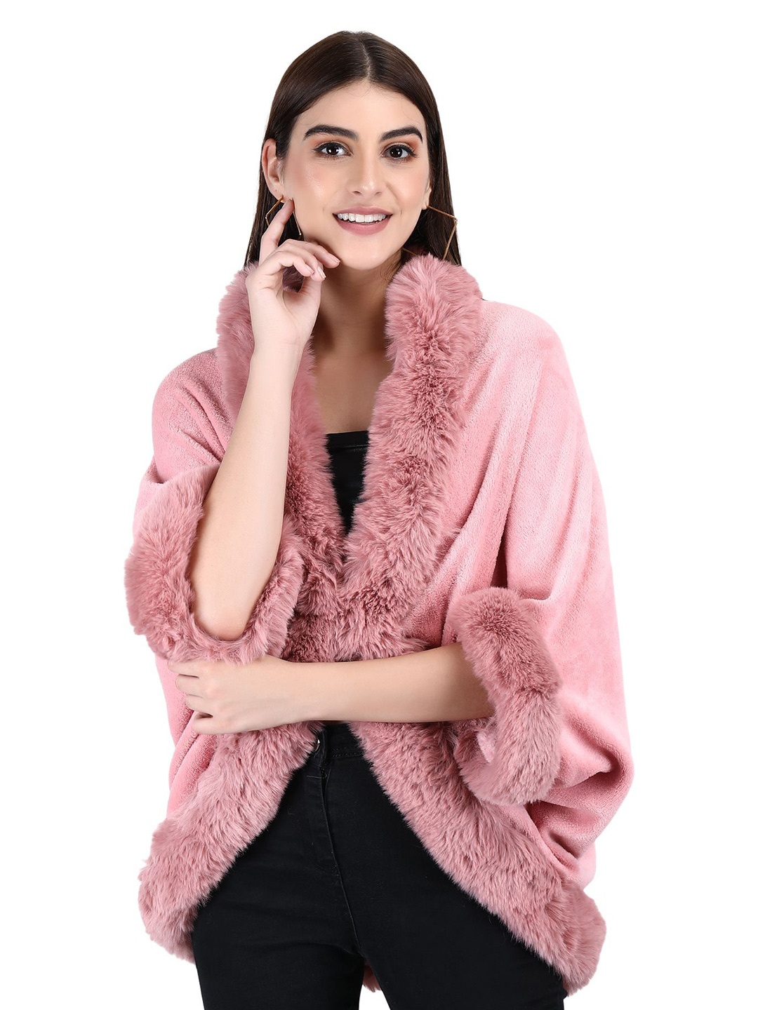 

Stole & Yarn Women Faux Fur Jacket style Poncho, Pink