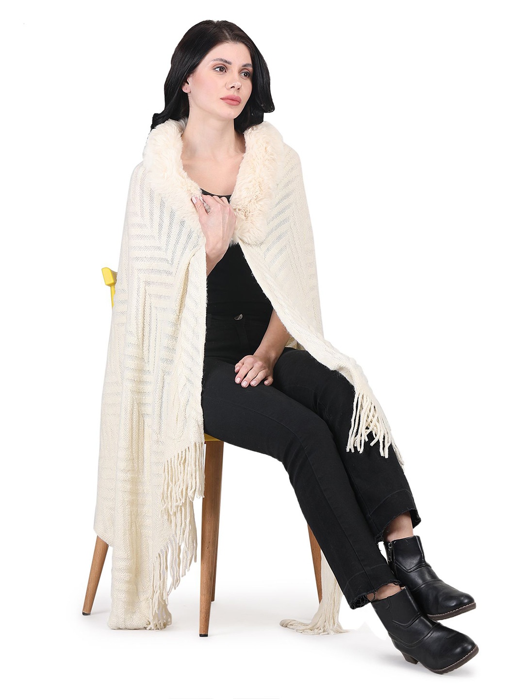 

Stole & Yarn Women Self Design Longline Chevron Fur Collar Poncho, Cream