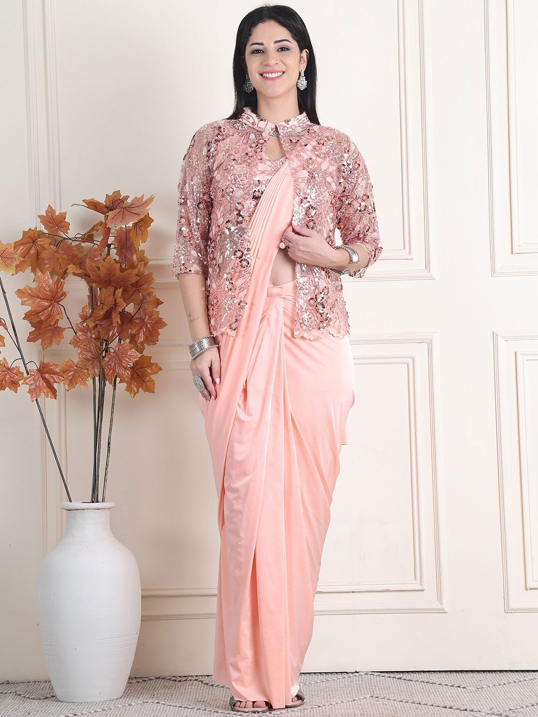 

Mitera Women Ready to Wear Leheriya Saree, Peach
