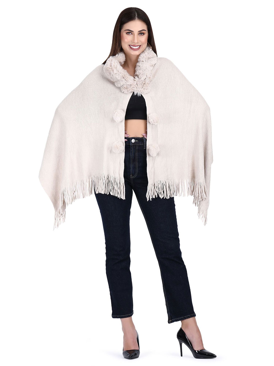 

Stole & Yarn Women Fur Collar & Pom Pom Poncho Free Size, Beige